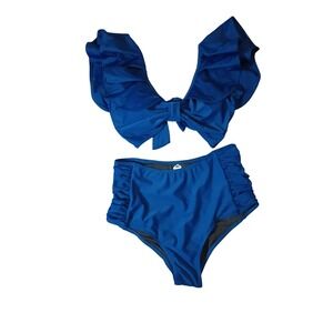 PEDDNEY Royal Blue‎ Ruffle Bow High Waisted Bikini Set Women's Size S